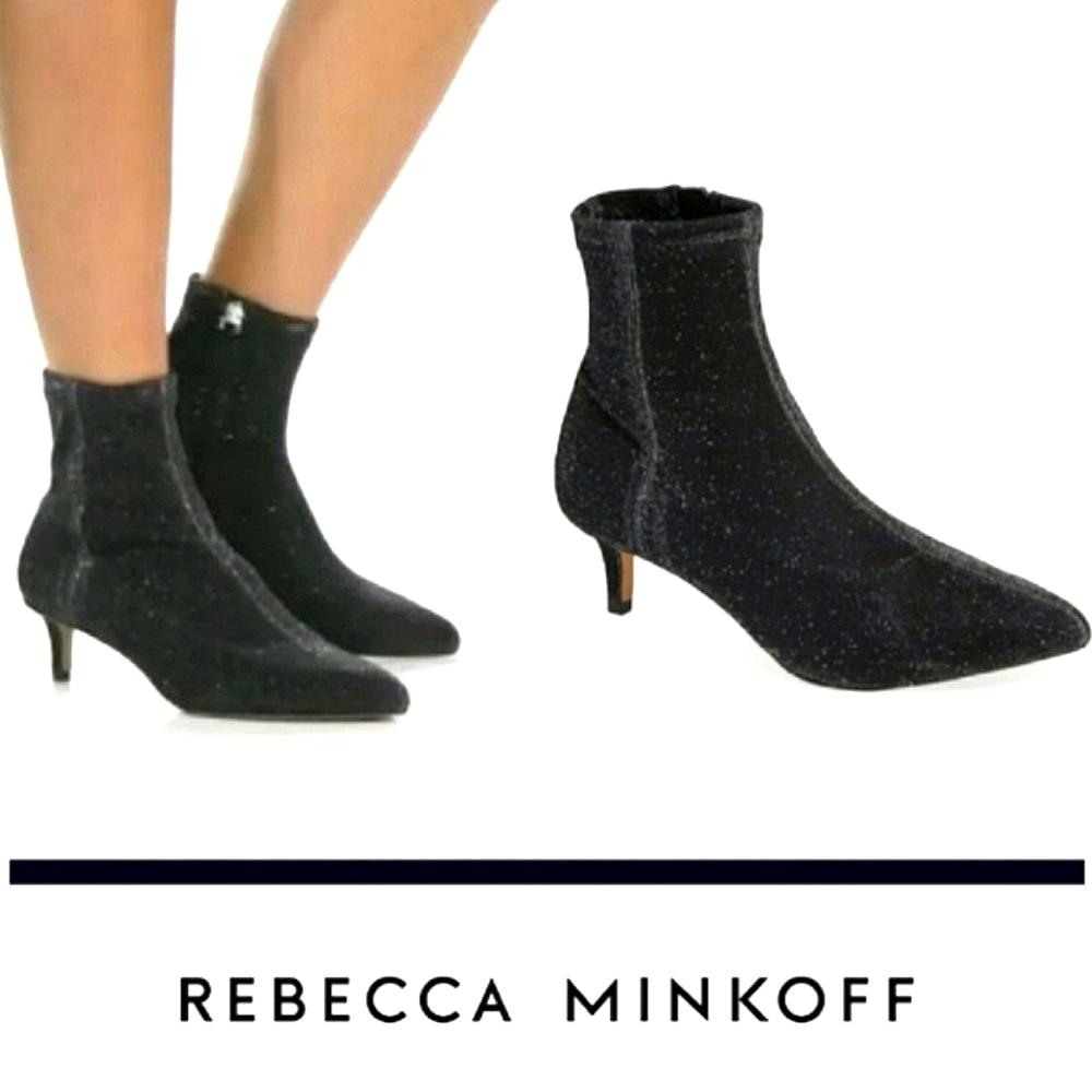 Rebecca Minkoff Sayres Black Glitter Kitten Heel Booties 8 - Sparkly Party Boot